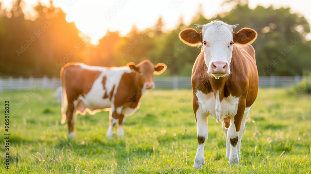 Two cows grazing in a green pasture during sunset, with a soft golden glow lighting up their surroundings. Two cows grazing in a green pasture during sunset, with a soft golden glow lighting up their surroundings.