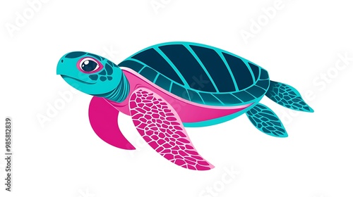 Colorful Teal Turtle and Pink Fish Logo Vector on White Background - Minimalist Design for Logos and Branding