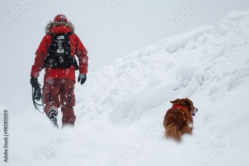A rescuer and a golden retriever dog search for people in the snow after an avalanche in the mountains.