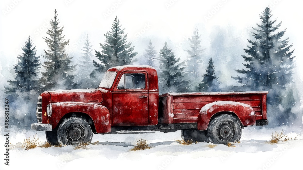 Greeting card with red Christmas truck with pine trees Greeting card with red Christmas truck with pine trees