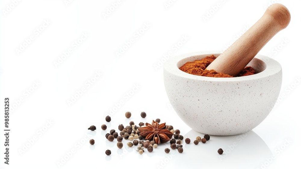 A mortar and pestle with spices, traditional cooking tools, photorealistic, warm tones, isolated on white background A mortar and pestle with spices, traditional cooking tools, photorealistic, warm tones, isolated on white background