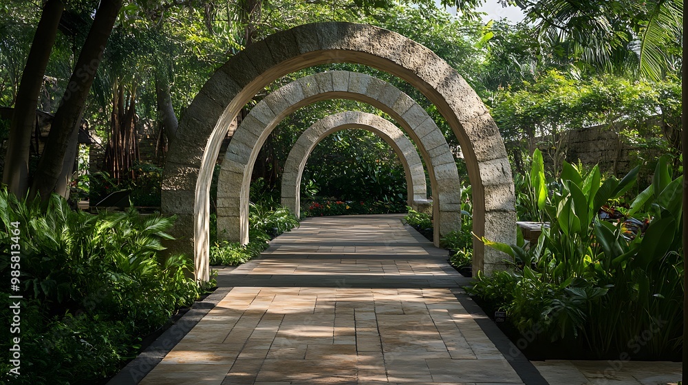 Stone Arches Leading Through a Lush Tropical Garden Stone Arches Leading Through a Lush Tropical Garden
