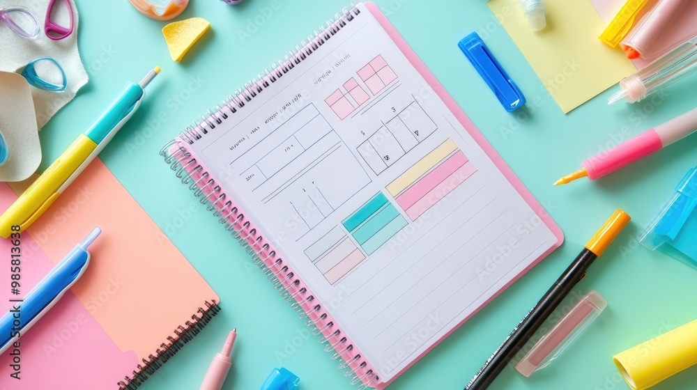 A flat lay of a weekly planner surrounded by colorful markers and sticky notes. A flat lay of a weekly planner surrounded by colorful markers and sticky notes.
