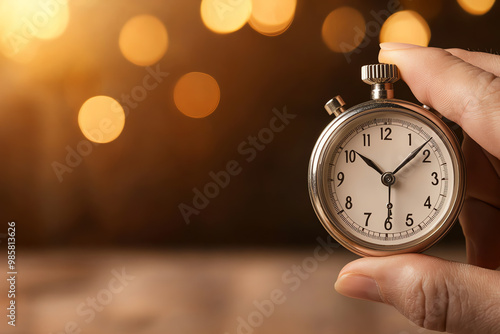 Closeup of a hand adjusting a stopwatch on a clutterfree desk, representing the balance of time management and efficiency photo