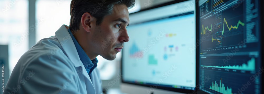 Scientist analyzing data on a computer, Cell therapy, research lab concept Scientist analyzing data on a computer, Cell therapy, research lab concept