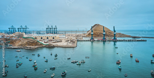 Chancay seaport. Located in Peru, Mega port under construction, future maritime hub of South America. Chancay Lima, Peru. photo