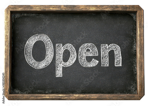 'Open' sign on a blackboard with a rustic wooden frame and a transparent background photo