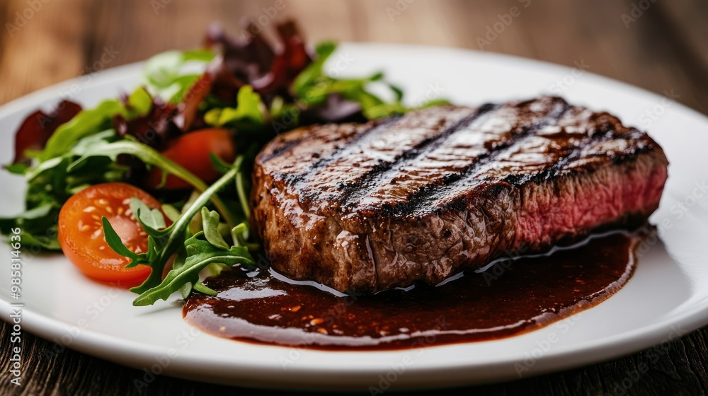 A close-up view of a perfectly cooked medium rare steak served with a rich sauce and a fresh salad on a white plate set on a rustic wooden table with soft natural lighting A close-up view of a perfectly cooked medium rare steak served with a rich sauce and a fresh salad on a white plate set on a rustic wooden table with soft natural lighting