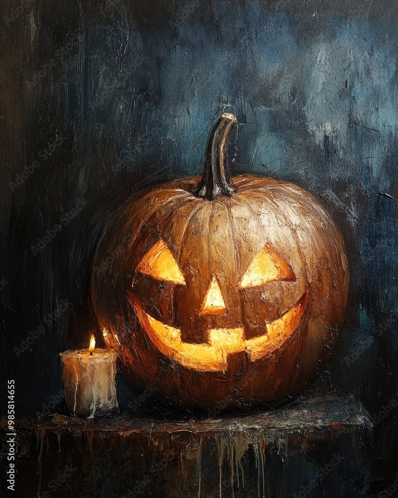 Naklejka premium Pumpkin Jack OLantern with candle light on dark background