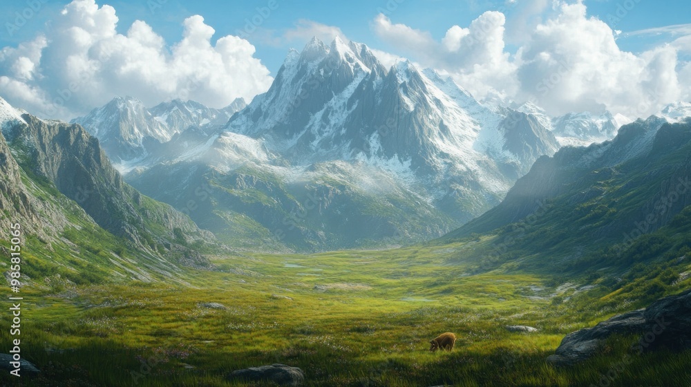 Fototapeta premium A Solitary Brown Bear Grazing in a Lush Mountain Valley