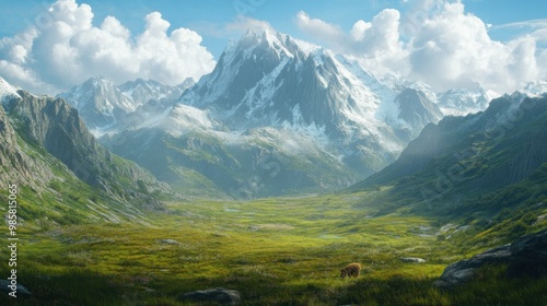 A Solitary Brown Bear Grazing in a Lush Mountain Valley