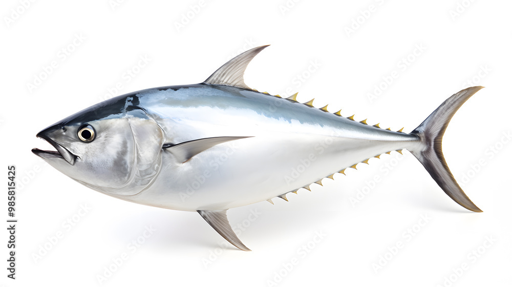 Fresh whole tuna fish with glossy silver skin isolated on white background Fresh whole tuna fish with glossy silver skin isolated on white background
