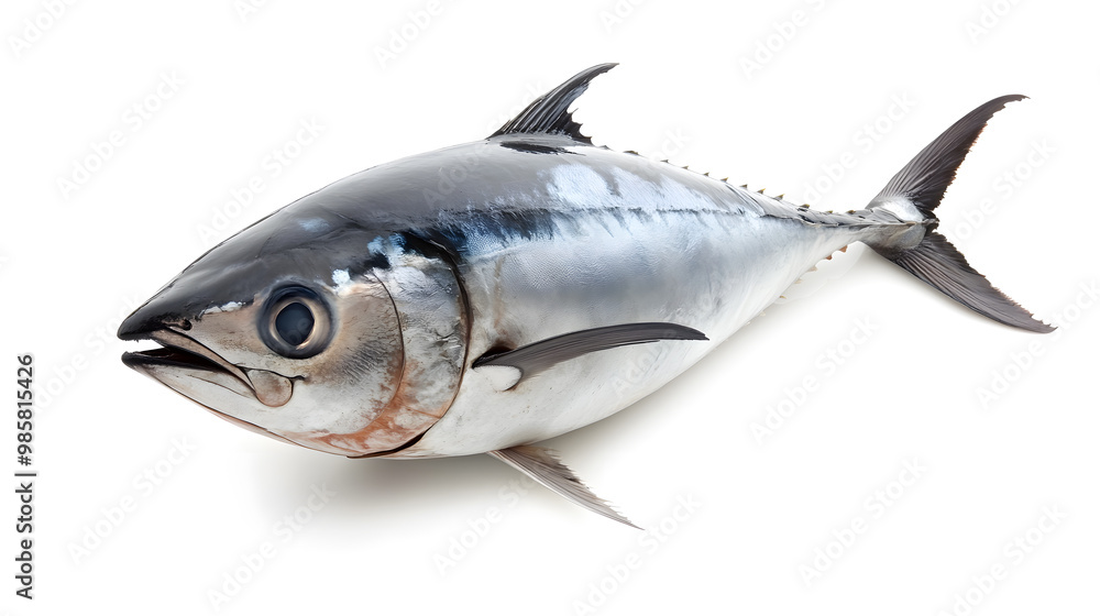 Fototapeta premium Fresh whole tuna fish with glossy silver skin isolated on white background