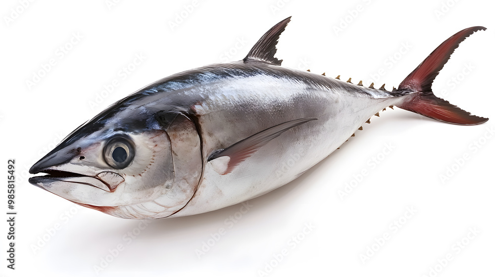 Fresh whole tuna fish with glossy silver skin isolated on white background Fresh whole tuna fish with glossy silver skin isolated on white background
