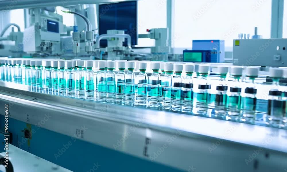 Medical bottles moving on a conveyor belt production line in a mass produced pharmaceutical healthcare factory Medical bottles moving on a conveyor belt production line in a mass produced pharmaceutical healthcare factory