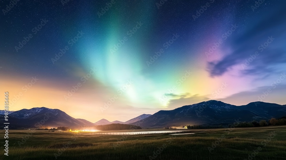 Celestial wonder, aurora over mountain range, clear starry night. Celestial wonder, aurora over mountain range, clear starry night.
