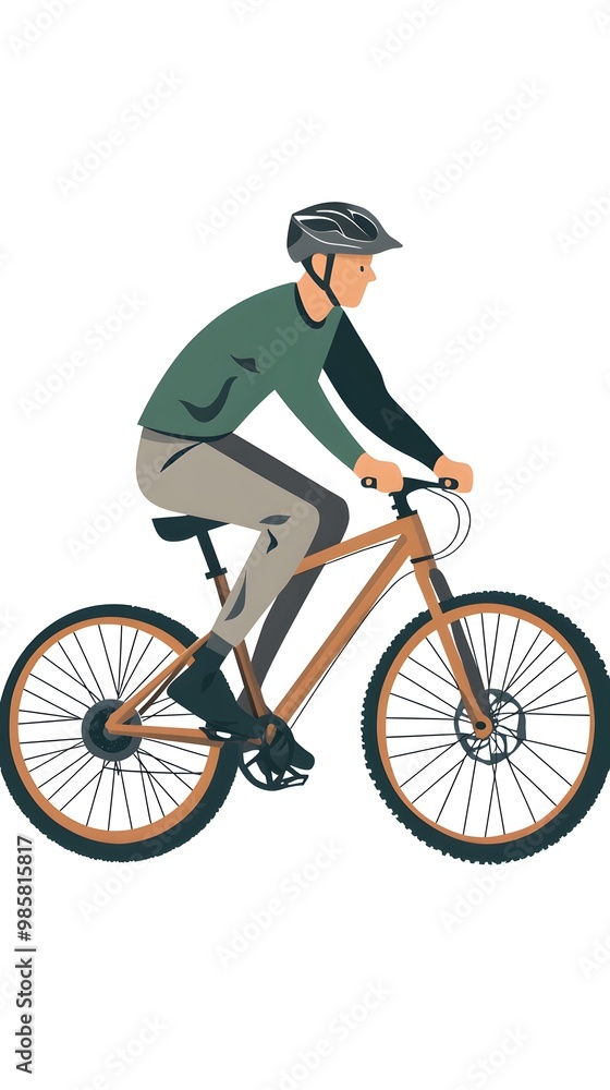 Naklejka premium A person riding an off-road bicycle, with a flat design featuring simple lines and minimal details, set against a white background in an illustrative style.
