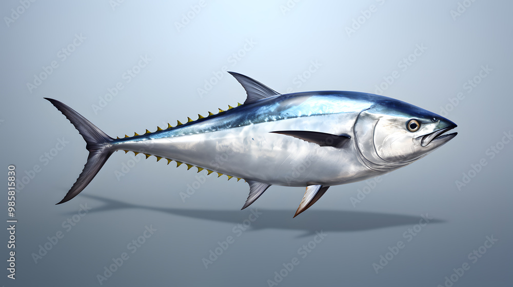 Obraz premium Fresh whole tuna fish with glossy silver skin isolated on blue background