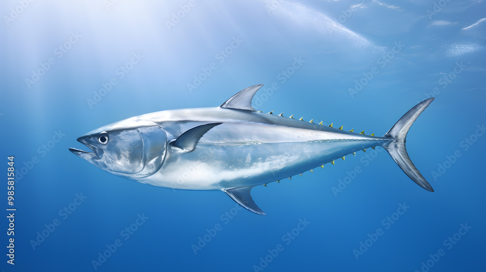Obraz premium Fresh whole tuna fish with glossy silver skin isolated on blue background