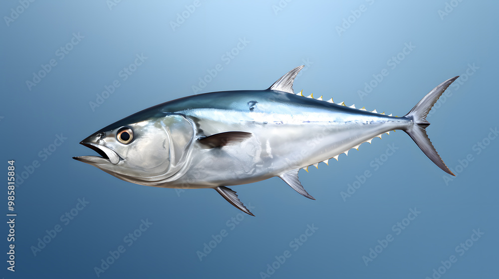 Fresh whole tuna fish with glossy silver skin isolated on blue background Fresh whole tuna fish with glossy silver skin isolated on blue background