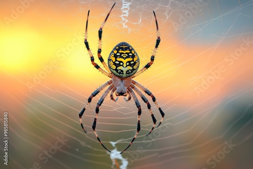 A vibrant spider weaves its web against a stunning sunset backdrop, showcasing nature's artistry in a tranquil environment