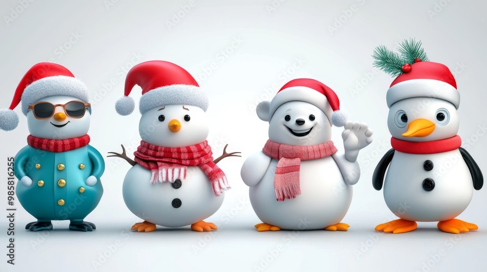 Christmas characters. Santa claus, polar bear, snowman and penguin on a white background Christmas characters. Santa claus, polar bear, snowman and penguin on a white background