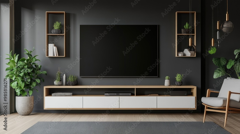 A modern entertainment unit with a large flat-screen TV, surrounded by stylish storage shelves. A modern entertainment unit with a large flat-screen TV, surrounded by stylish storage shelves.