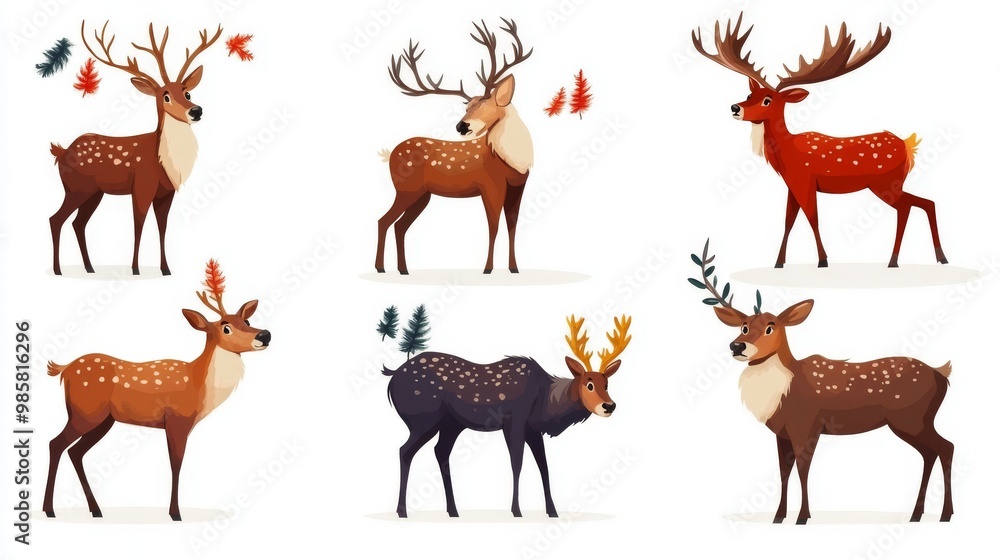 set of Christmas funny feer or moose with antlers and hooves on a white background set of Christmas funny feer or moose with antlers and hooves on a white background