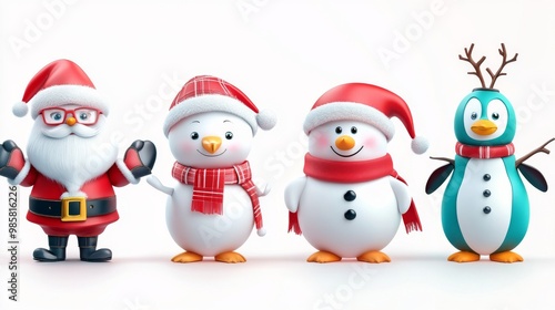 Christmas characters. Santa claus, polar bear, snowman and penguin on a white background