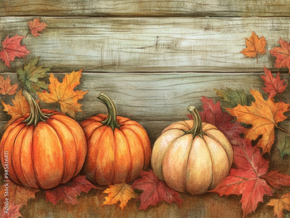 Autumn harvest featuring colorful pumpkins and maple leaves against a wooden backdrop Autumn harvest featuring colorful pumpkins and maple leaves against a wooden backdrop