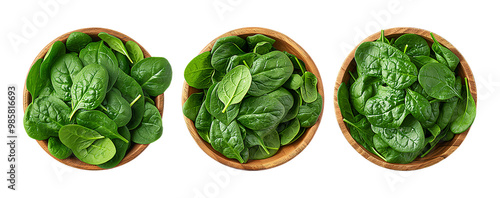 Three wooden bowls filled with fresh spinach leaves on a transparent background photo