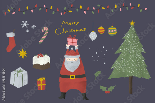 手描き風クリスマスのイラスト素材セット背景あり