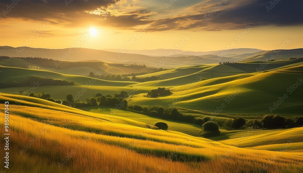 Obraz premium Golden hour over rolling hills.