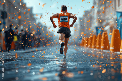 A marathon runner crossing the finish line, exhausted but triumphant. Concept of endurance and determination on the path to success.