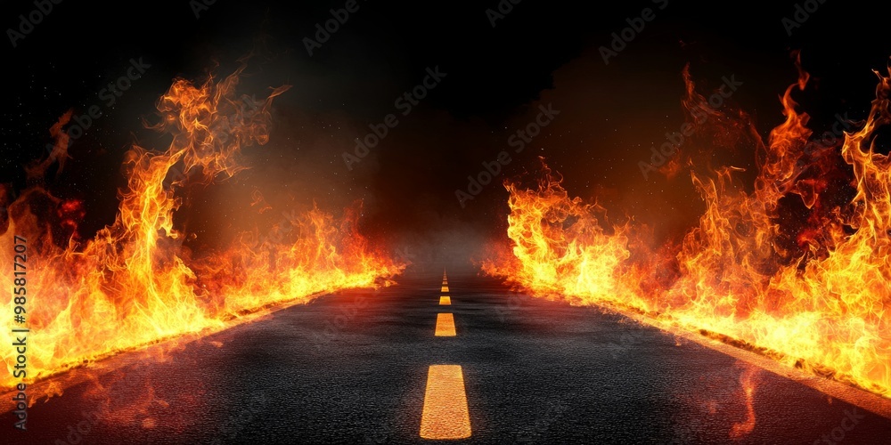 Blazing Flames and Burning Road on Black Background - Intense Fire Concept for Dramatic Visuals