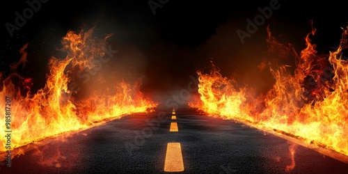 Obraz na płótnie Blazing Flames and Burning Road on Black Background - Intense Fire Concept for Dramatic Visuals w salonie