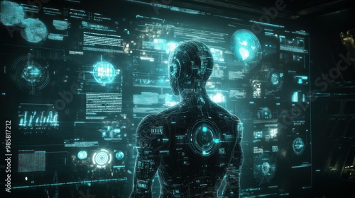 Futuristic Cyborg Silhouette with Digital Interface and Data Displays