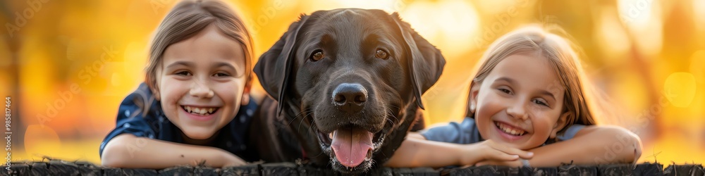 Labrador Retriever playing with children in a backyard, sunny day, joyful interaction, high detail, vibrant colors, photorealistic, happy family scene Labrador Retriever playing with children in a backyard, sunny day, joyful interaction, high detail, vibrant colors, photorealistic, happy family scene