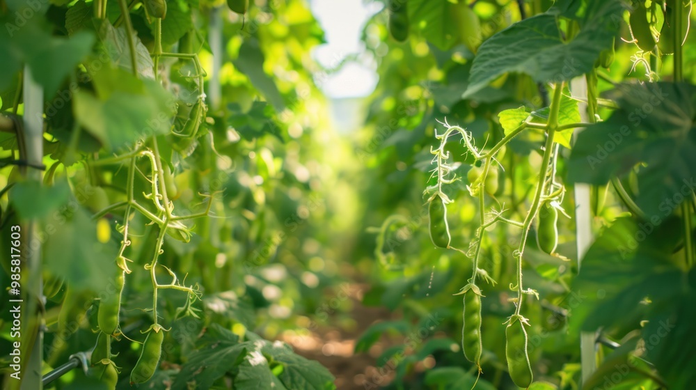 Obraz premium Green Pea Plants in a Greenhouse