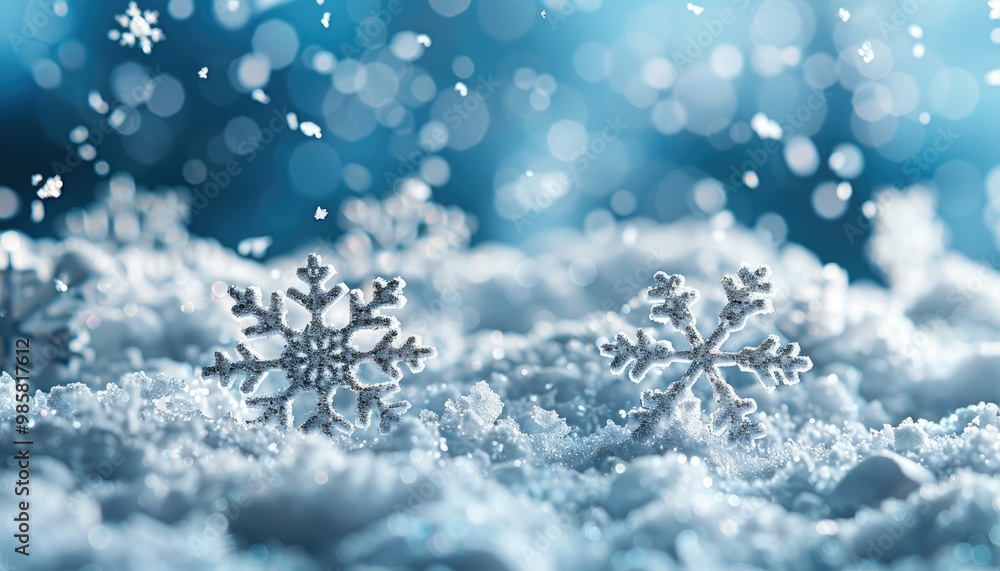 Sparkling Silver Snowflakes on a Snowy Surface with a Blue Bokeh Background Sparkling Silver Snowflakes on a Snowy Surface with a Blue Bokeh Background