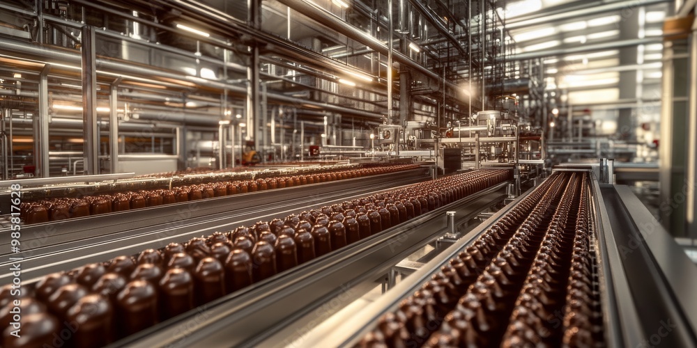 Chocolate Factory with Conveyor Belts of Chocolate Bars - Sweet Production Process Visual Chocolate Factory with Conveyor Belts of Chocolate Bars - Sweet Production Process Visual
