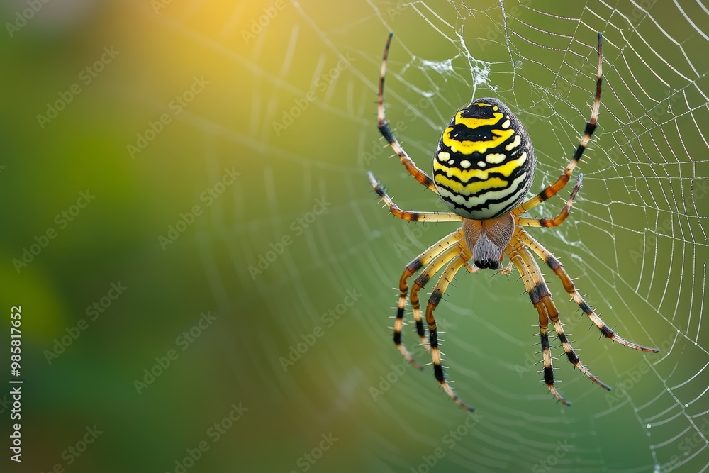 A colorful spider spins a delicate web among the greenery, showcasing its unique markings in the afternoon sunlight A colorful spider spins a delicate web among the greenery, showcasing its unique markings in the afternoon sunlight