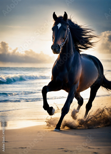 black hourse running on the beach photo