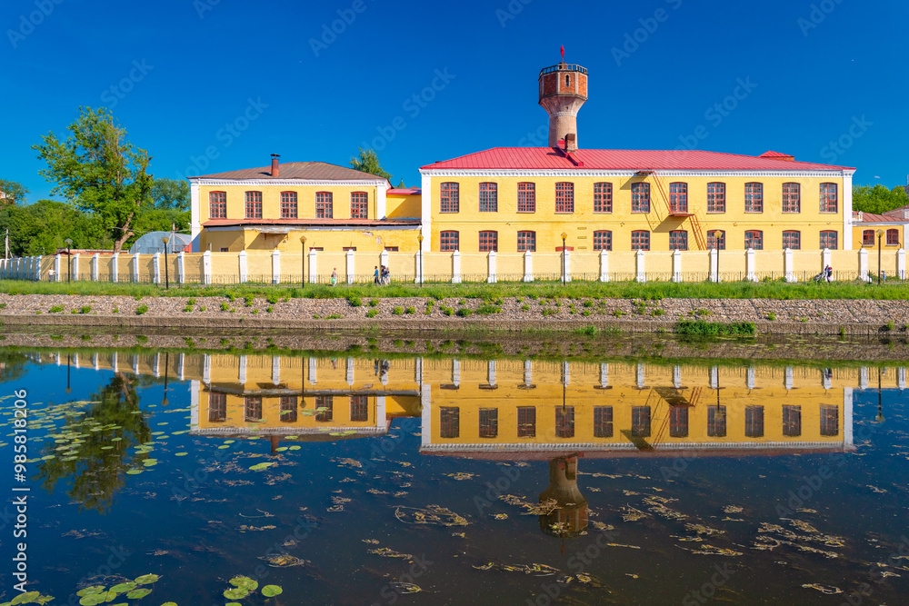 A view of the embankment of the Uvod River in the city of Ivanovo, The Golden Ring of Russia. Ya.N. Fokin's chintz-printed and cotton factory.