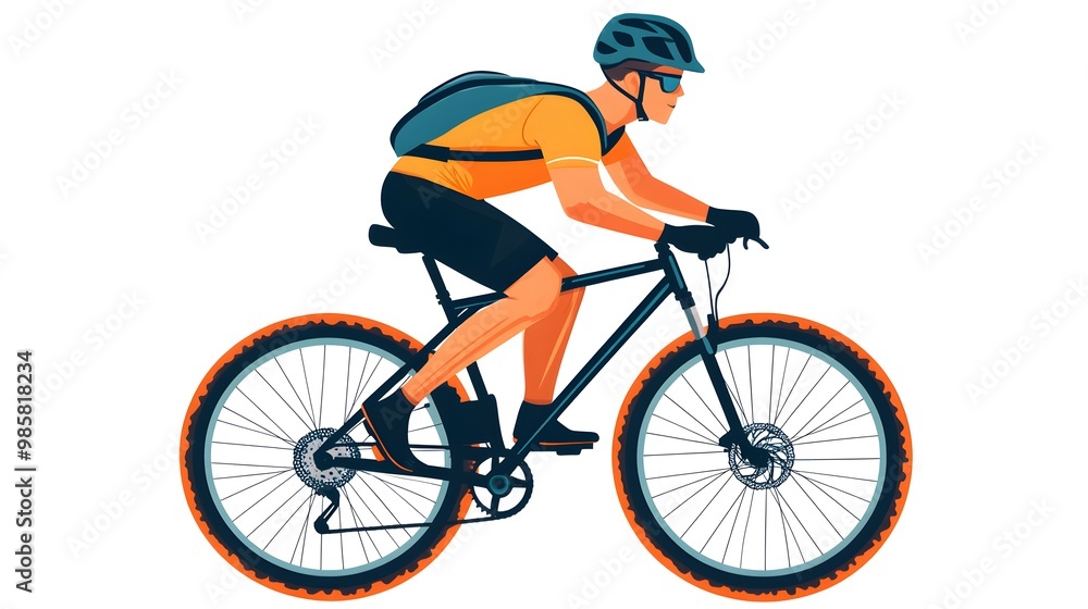 A person riding an off-road bicycle, with a flat design featuring simple lines and minimal details, set against a white background in an illustrative style. A person riding an off-road bicycle, with a flat design featuring simple lines and minimal details, set against a white background in an illustrative style.