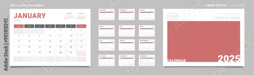 Set of 2025 Pages Monthly Calendar Planner Templates, Cover with Place for Photo, Company Logo. Vector pages for wall or desk calendar. Page size Letter -8.5x11 in for Print. Week start Sunday
