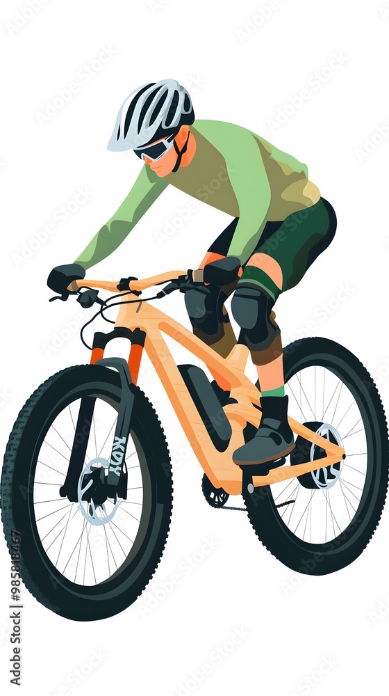 Naklejka premium A person riding an off-road bicycle, with a flat design featuring simple lines and minimal details, set against a white background in an illustrative style.