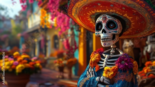 a colorful and 3D dia de los muertos scene photo