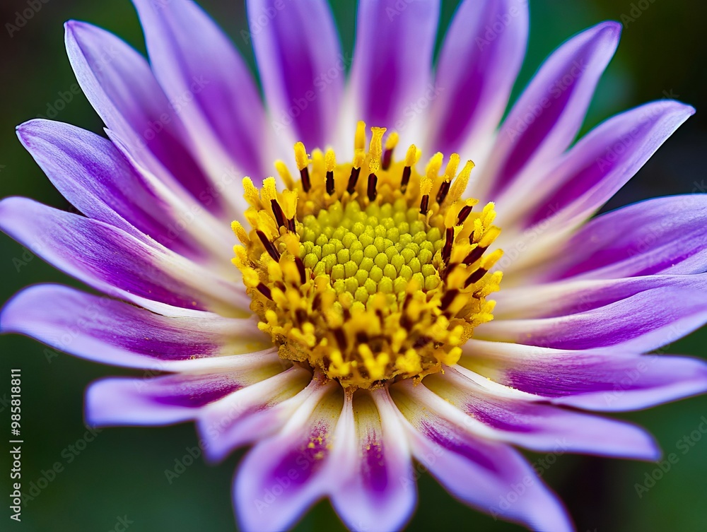 A close up of a purple flower with a yellow center A close up of a purple flower with a yellow center