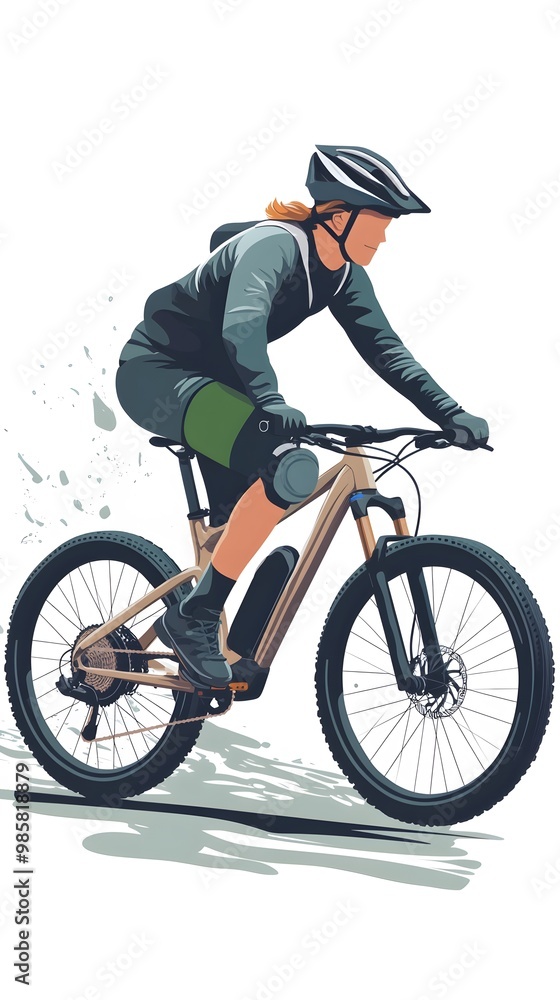 Obraz premium A person riding an off-road bicycle, with a flat design featuring simple lines and minimal details, set against a white background in an illustrative style.
